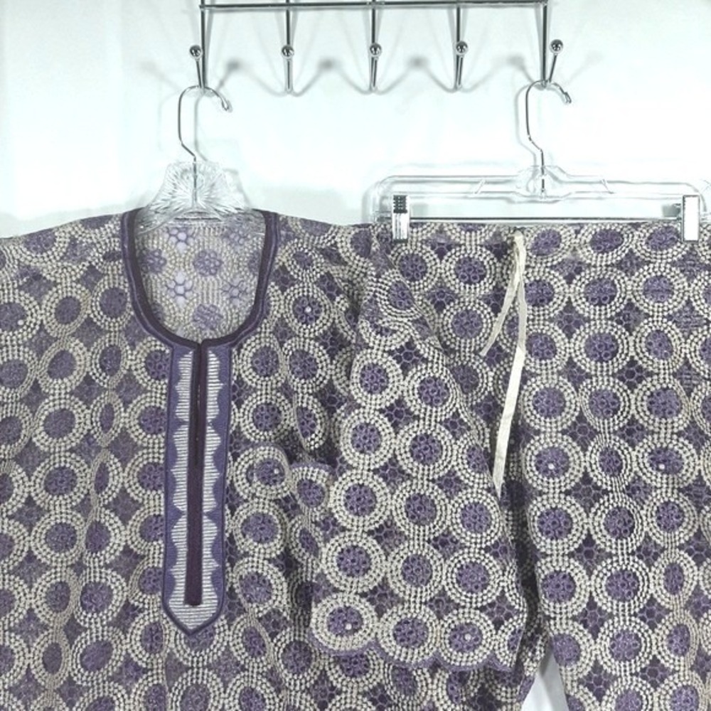 Mens African Agbada Dashiki 2 Piece‎ Set Purple Gold Lace Embroidery Traditional